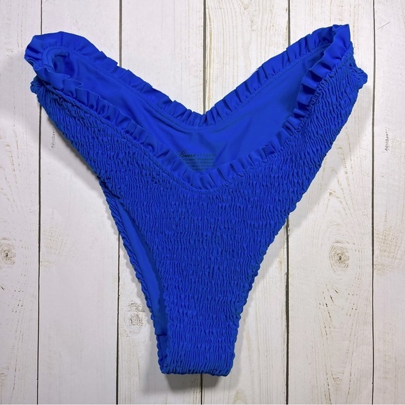 Lovers + Friends | Cobalt Blue High Waist Ruffle Cheeky Bikini Bottom | S - Picture 1 of 6